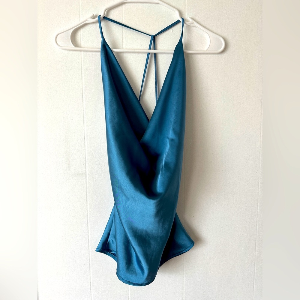 boutique backless strappy Y2K 90’s blue silk top